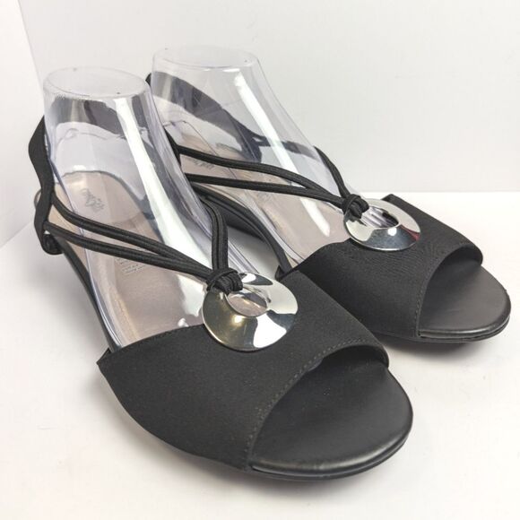East 5th Ravena Black Sandals Silver O-ring Accent Low Wedge Heel Womens 11 - Picture 1 of 7